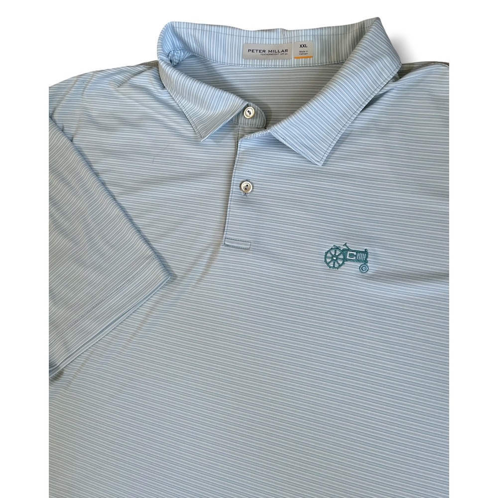 Peter Millar Featherweight UPF 50 Polo Mens XXL Blue White Stripe Tractor Logo